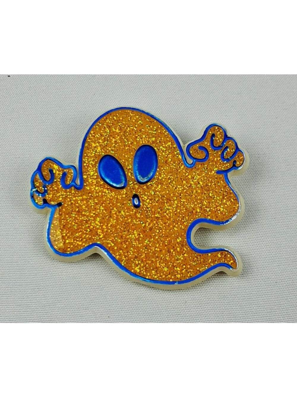 Vintage 1983 Hallmark Glitter Ghost Pin Halloween Brooch Gold & Blue Halloween